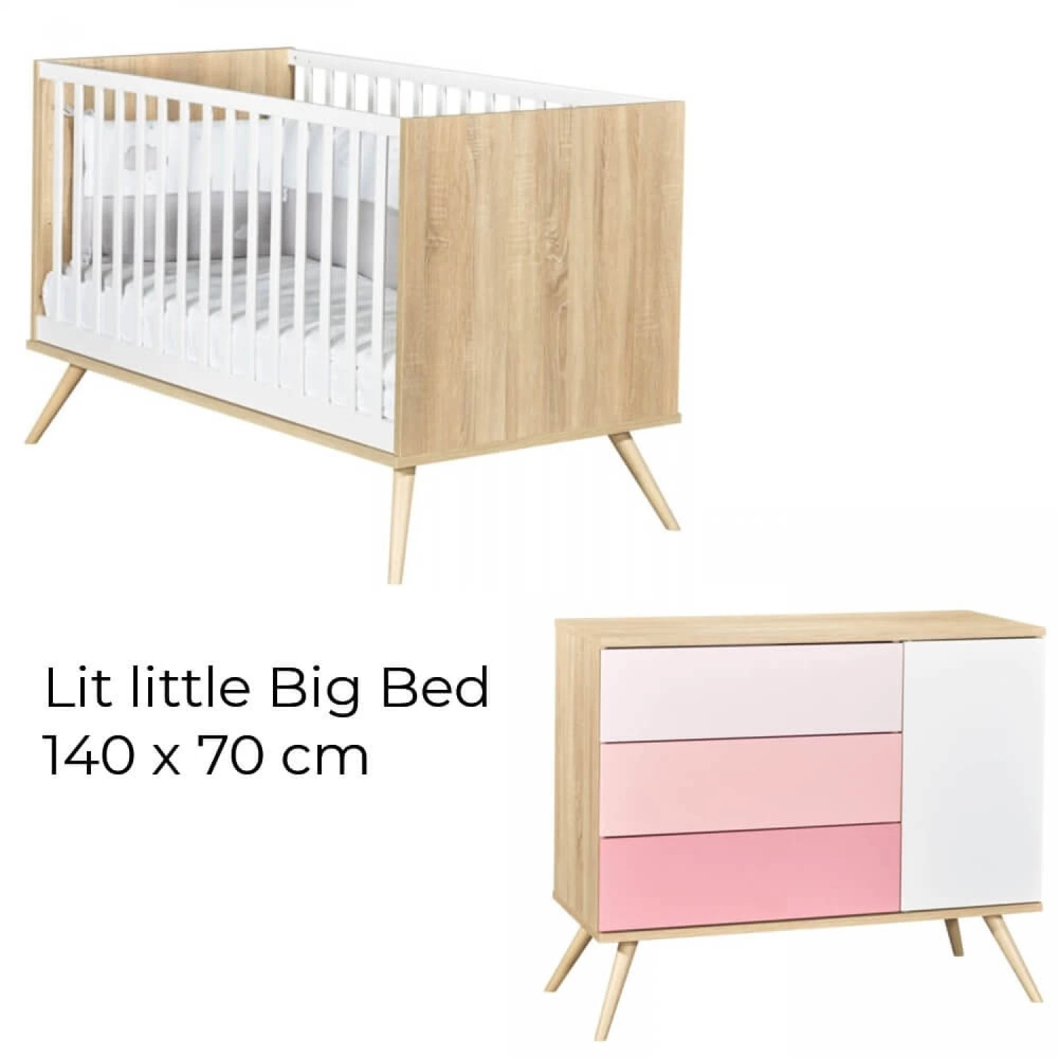 Chambre Duo Lit évolutif Bébé Little Big Bed 70x140 Cm + Commode Seventies Rose 4 Chambre Duo Lit évolutif Bébé Little Big Bed 70x140 Cm + Commode Seventies Rose – Image 2