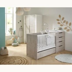 Chambre Duo Lit évolutif Bébé Combiné 60x120 Cm En 90x190 Cm + Armoire Loft Bois