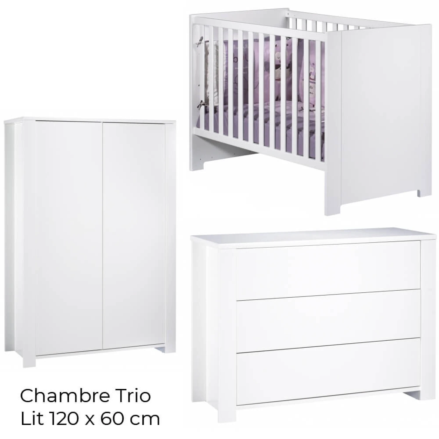Chambre Trio Lit 60x120 Cm + Armoire + Commode Loft Blanc 4 Chambre Trio Lit 60x120 Cm + Armoire + Commode Loft Blanc – Image 2